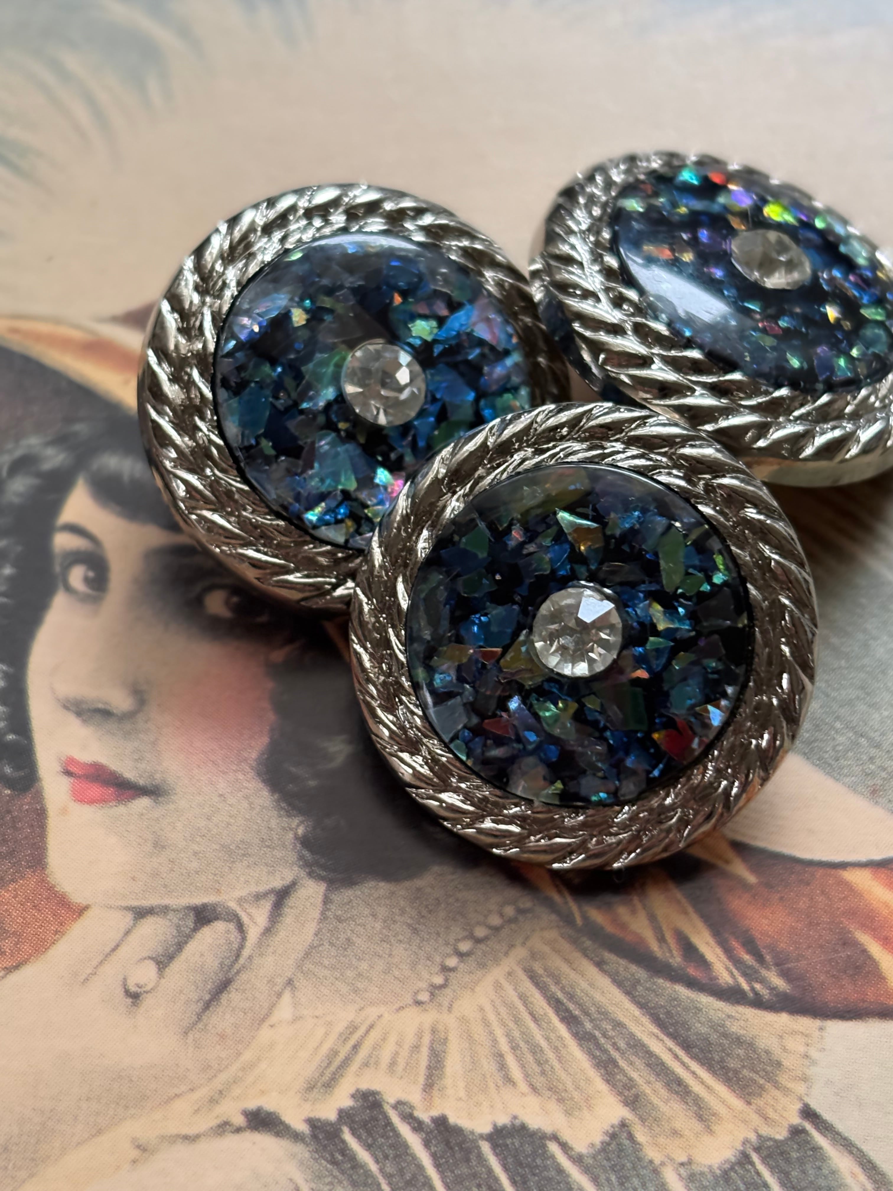24mm Japanese ヴィンテージボタン レトロ マルチカラー×シルバー 24mm ホログラム ストーン アクセサリーパーツ