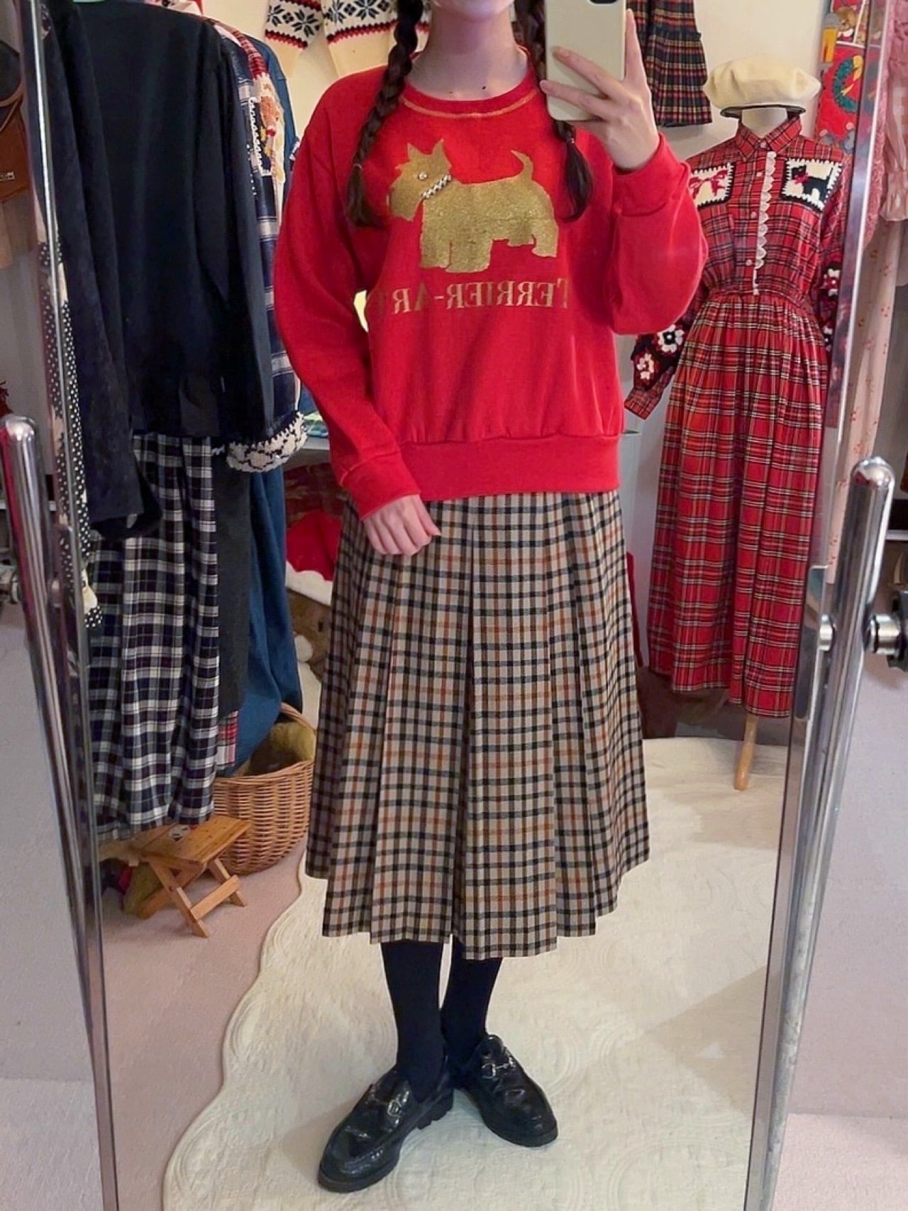 beige check tuck skirt