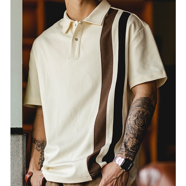 レトロステッチのゆったり半袖ポロシャツ 4XLまで対応　 　A19009