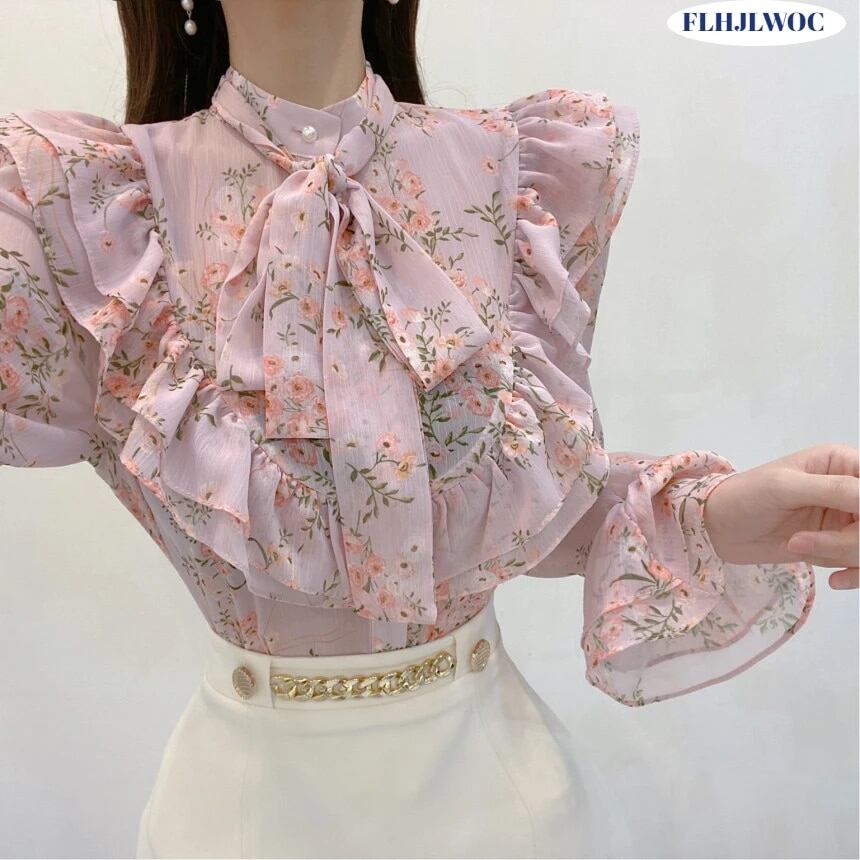女性用長袖シャツ,シンプルなボタンが付いたヴィンテージの基本的な服,素敵な蝶ネクタイ,韓国,日本のスタイル,フリル,シック,ピンク
