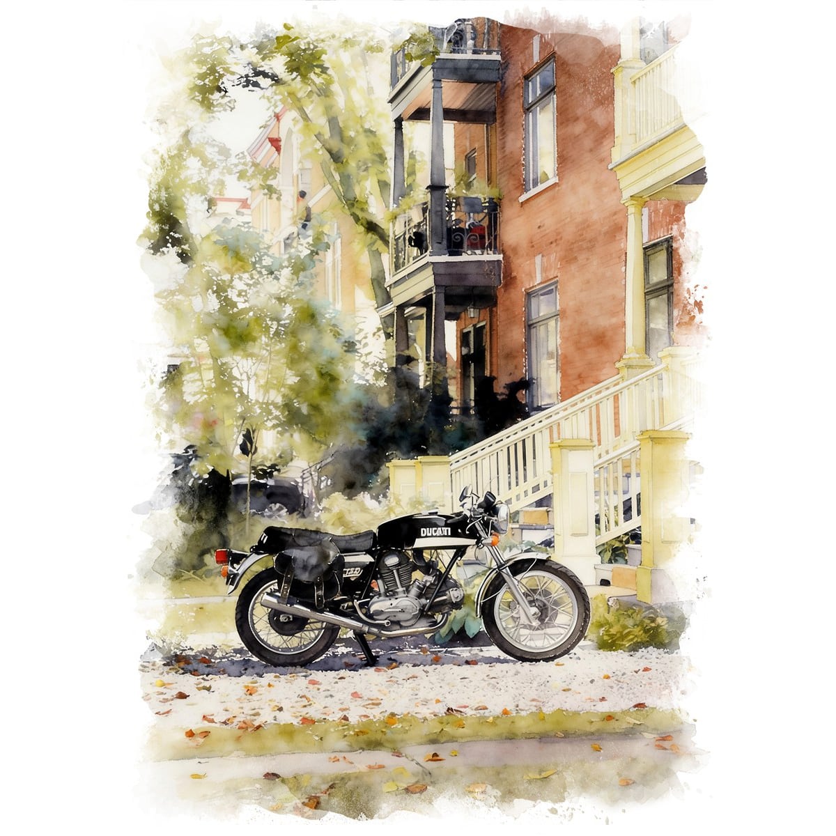 絵画 カナダ 風景画(街並み) ケベック通り ドゥカティのある風景