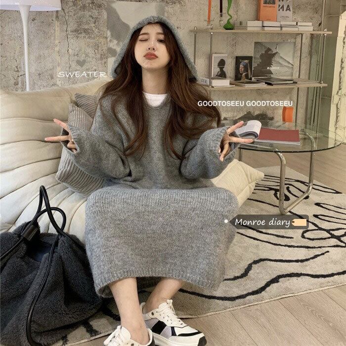 スタイルルーズプルオーバー スプリングウィンターフードセーター トップス ロング 春物 冬物 モンロー48884924755