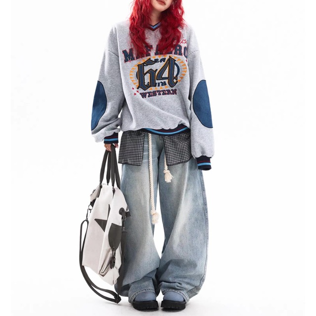 logo denim patch V-neck sweatshirt　ロゴデニムパッチVネックスウェットシャツ　J1699