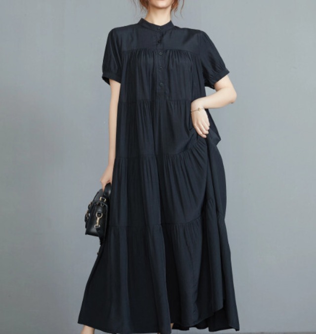 ワンピース バンドカラー フレアー ワンピース ブラック Lovely Nagoya ワンピース バンドカラー フレアー ワンピース ブラック Lovely Nagoya