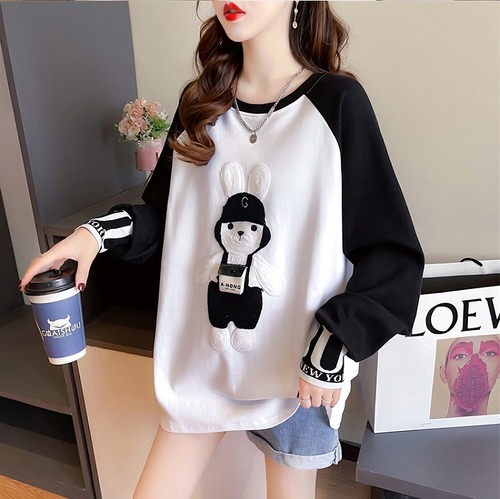 【秋冬新作】ファッションＴシャツ♪ホワイト/アンズ2色展開◆#sebotv-2k66177