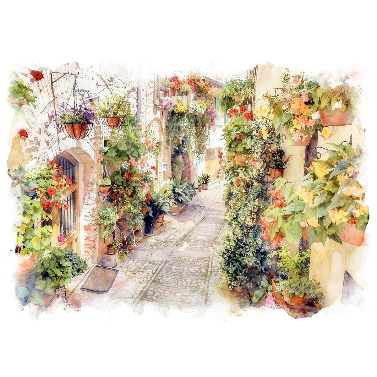 絵画 街の風景画 イタリア スペッロ村の通りと花 インテリアアート額
