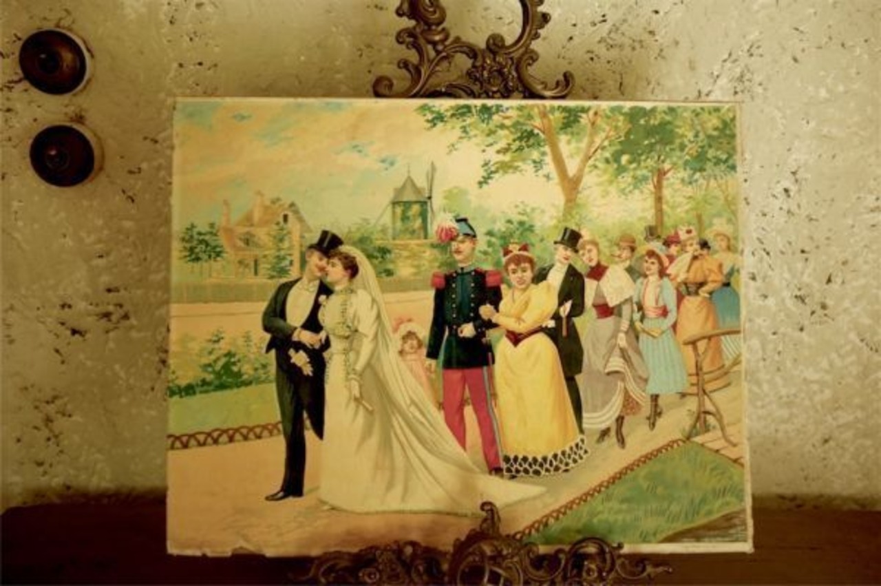 1900s フランス 42cm ルソー的結婚行進と絵画 クロモリトグラフ アンティーク