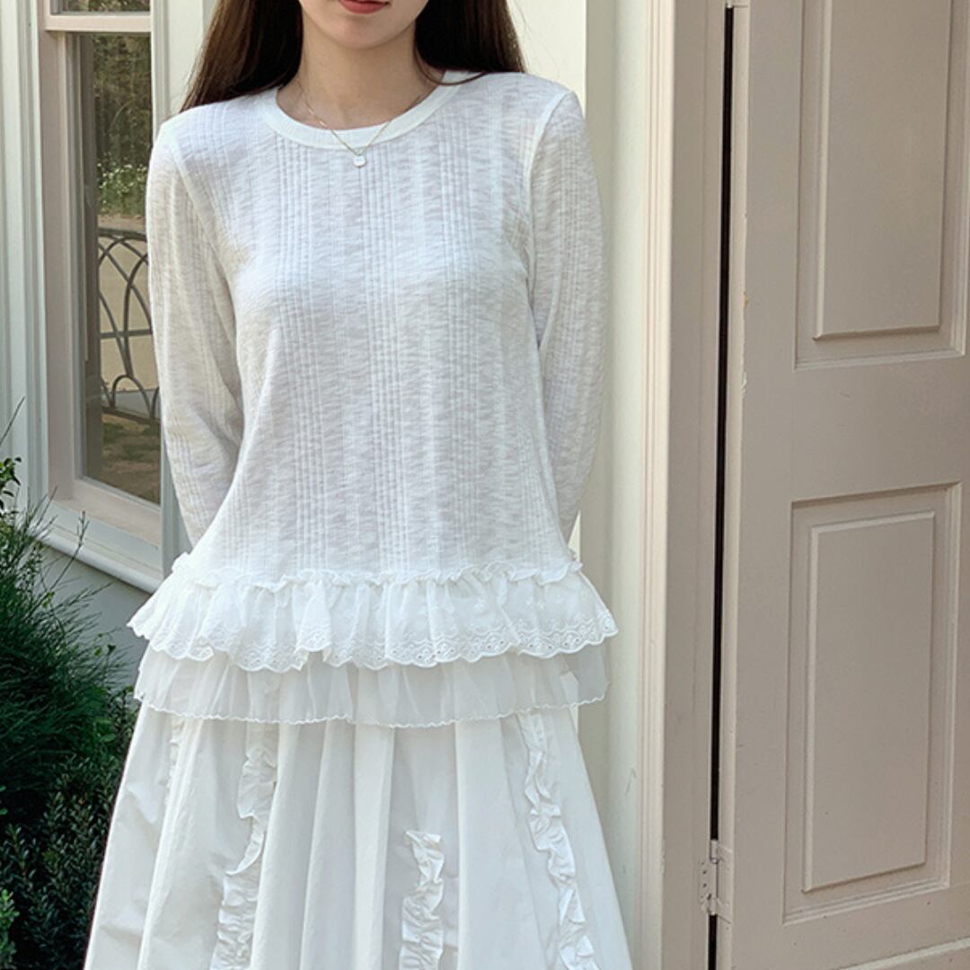 korean style lace edge textured double lace t shirt