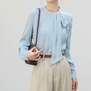 ハイネックリボンタイロングスリーブプリーツブラウス U0459