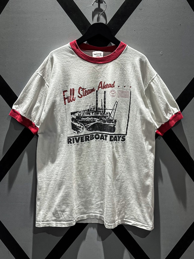 【X VINTAGE】"Riverboat Days" Print Design Loose Ringer T-Shirt