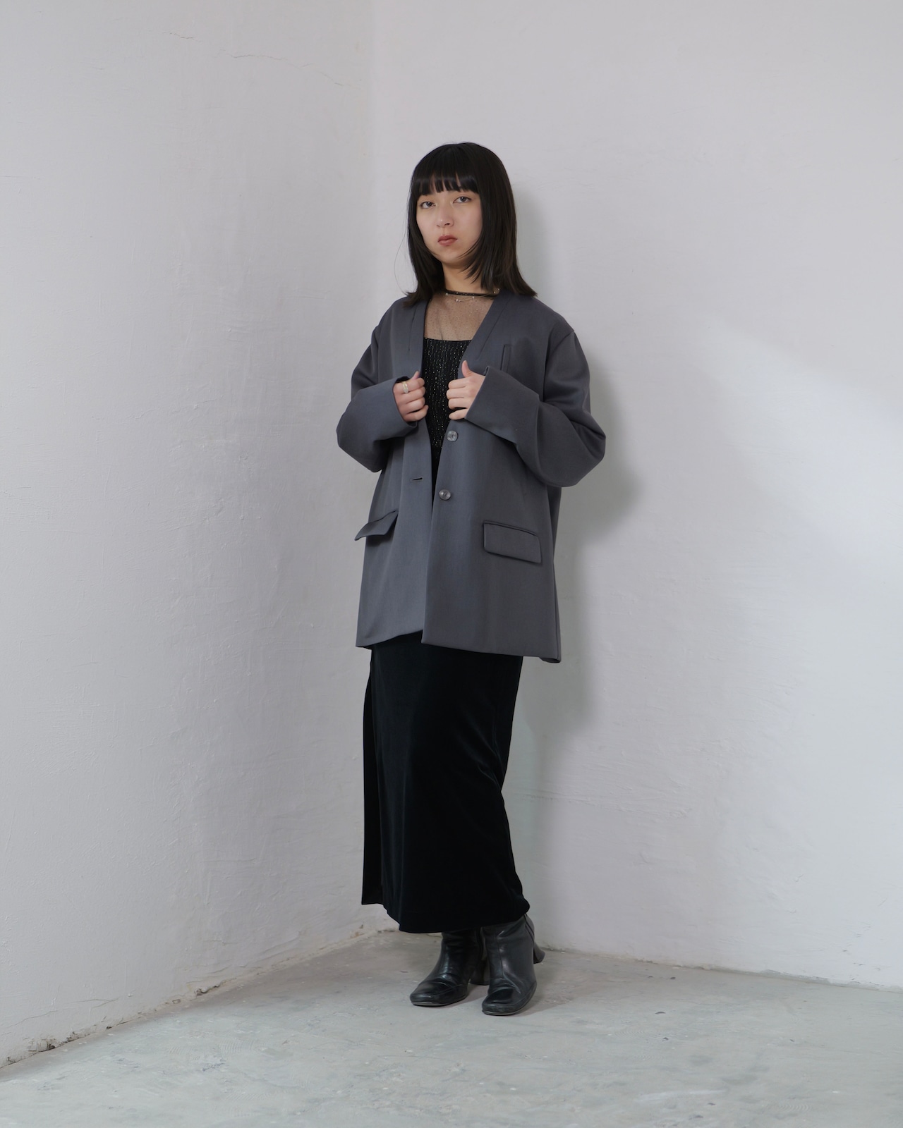 RITSUKO KARITA - Wool No-collar Jacket :Gray|岐阜ウール/玉虫調(紫×グレー)/深ベンツ
