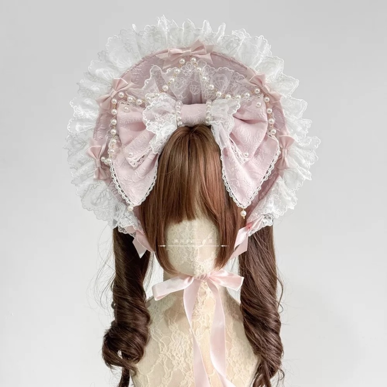 ♡【3点set】MAID ピンクリボンパールカチューシャ＋ボンネット＋ヴェール ♡