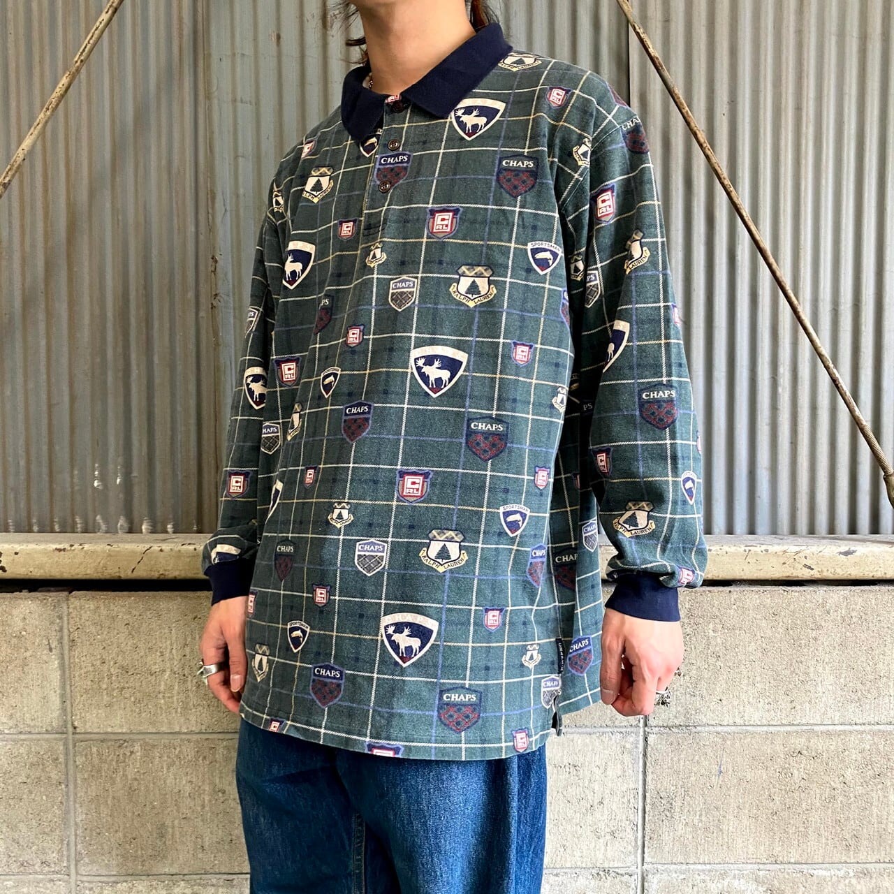 90s AA メンズ レトロ  総柄 長袖 柄シャツ 総柄シャツ ポロ