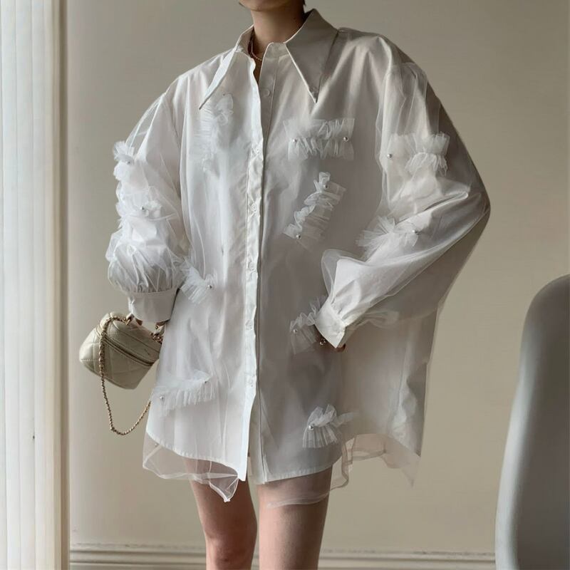 オーガンジーパールビーズワイドブラウス R01052