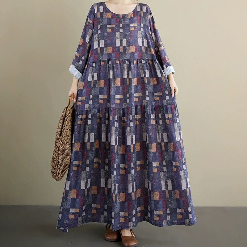 PRINT BOAT NECK A-LINE MAXI PULLOVER DRESS 1color M-14509