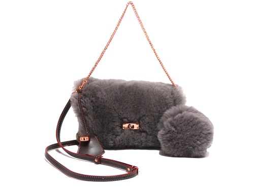 muku LUXE 838 グレージュ　ムートン　牛革　チェーンショルダー2WAYバッグ