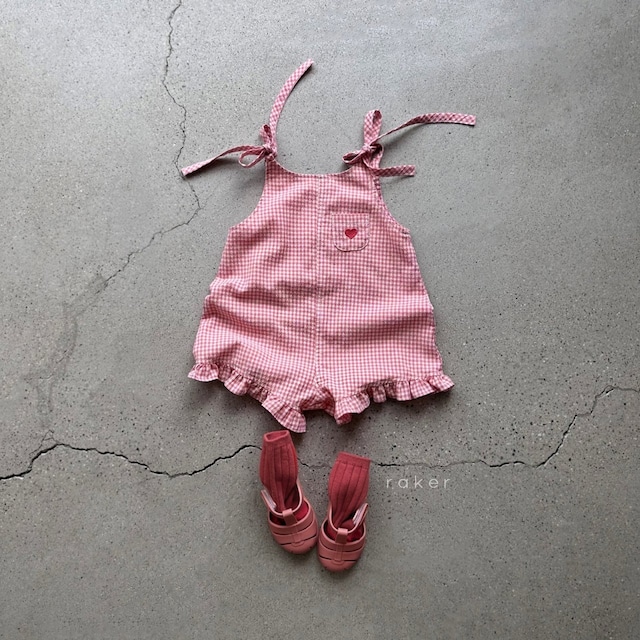 【取寄】raker|heart embroidery jumpsuit (red check)|ハート刺繍ジャンプスーツ(レッドチェック)|XS-L|kids|26 summer 2nd