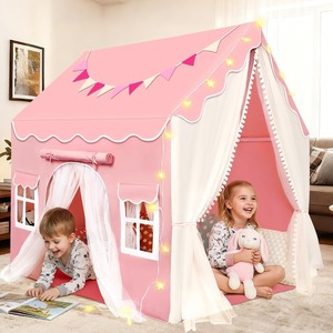 【在庫処分】大型キッズテント 子供用プレイハウス 女の子 おもちゃ小屋 屋内屋外兼用 おうち型 両開きダブルドア 窓付きカーテン 星形ライト付き 誕生日プレゼント ピンク