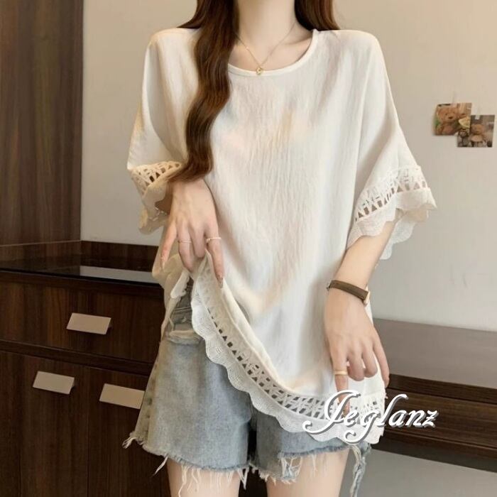 2色 カットソー トップス 刺繍 レース オーバーサイズ 5分袖 (MA367)ρ