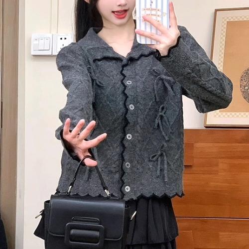 2色／ポロカラーリボンケーブルニットカーデ ・72822