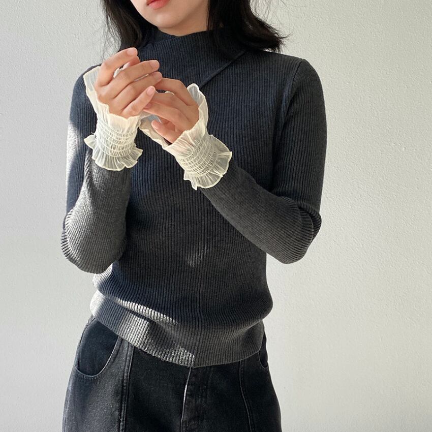 cutout-sleeve lace rib knit　J00344