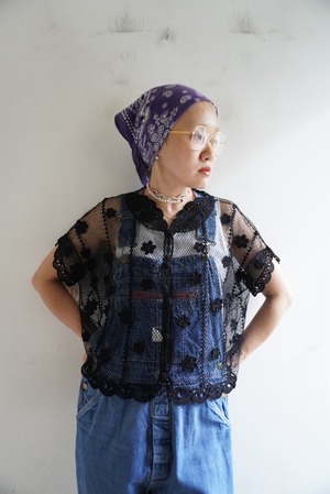 (Black)70-80s Deadstock "Lim's" Crochet S/S Cardigan Top