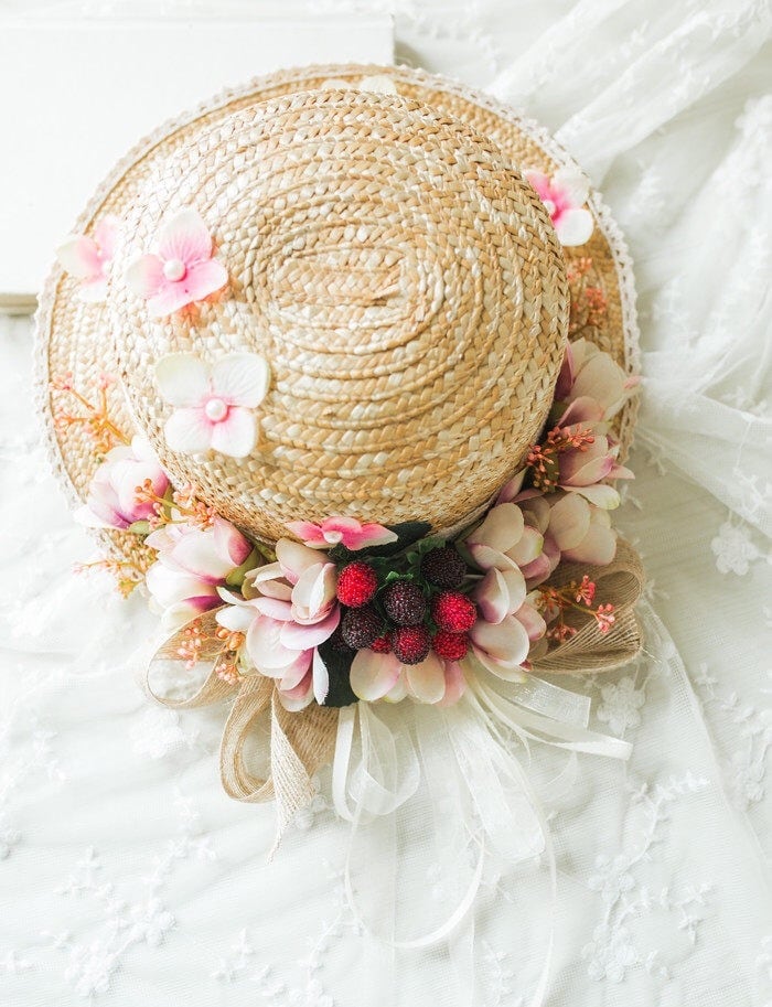 親子帽子、麦わら帽子、ハンドメイド小花の髪飾り、ヘットドレス