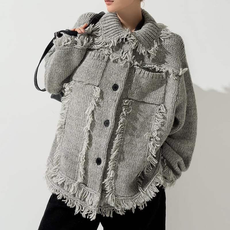 Oversized fringe knit cardigan V2642