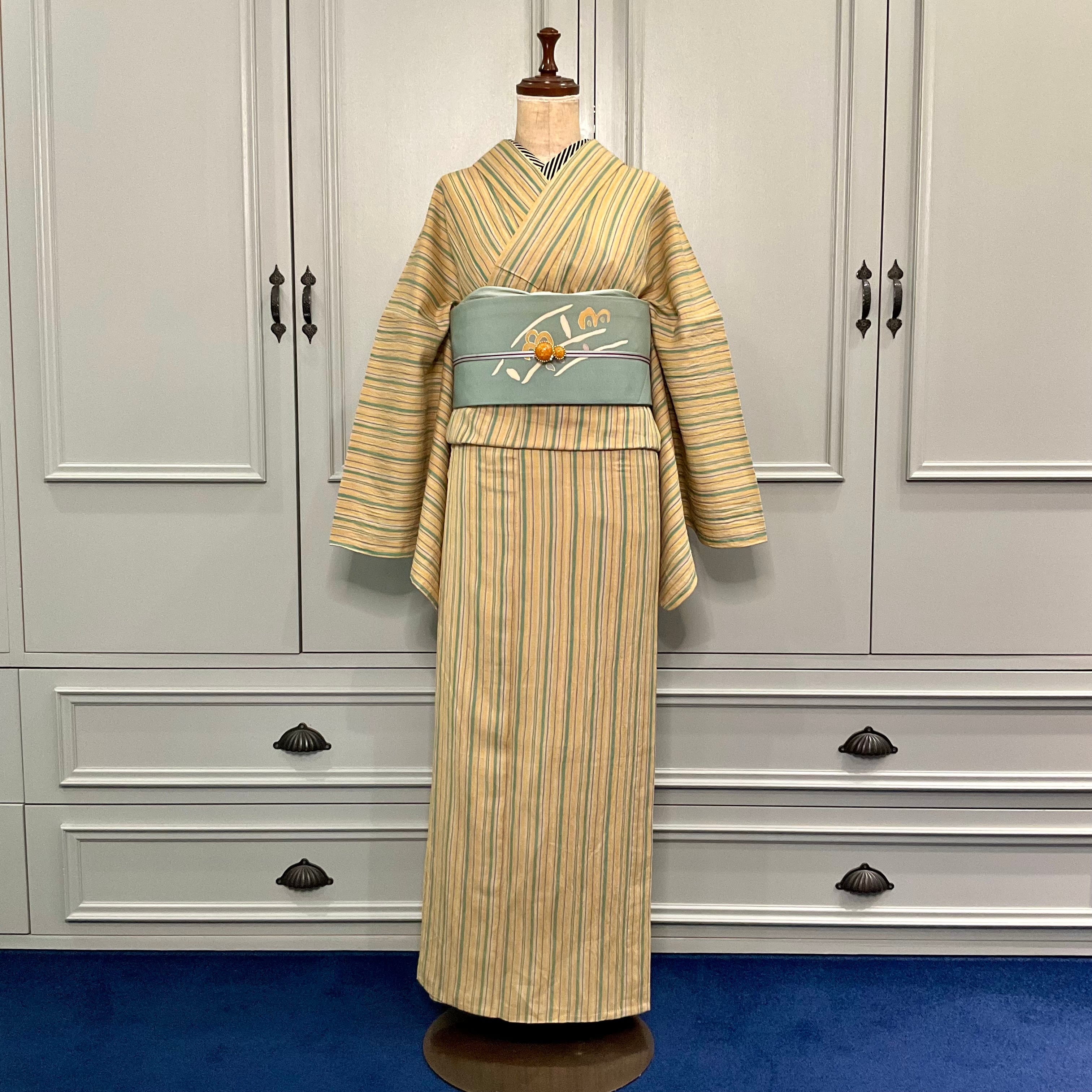 tall＊風のささやき＊単衣 ワイド 身幅広め 綿麻 洗えるきもの 縞