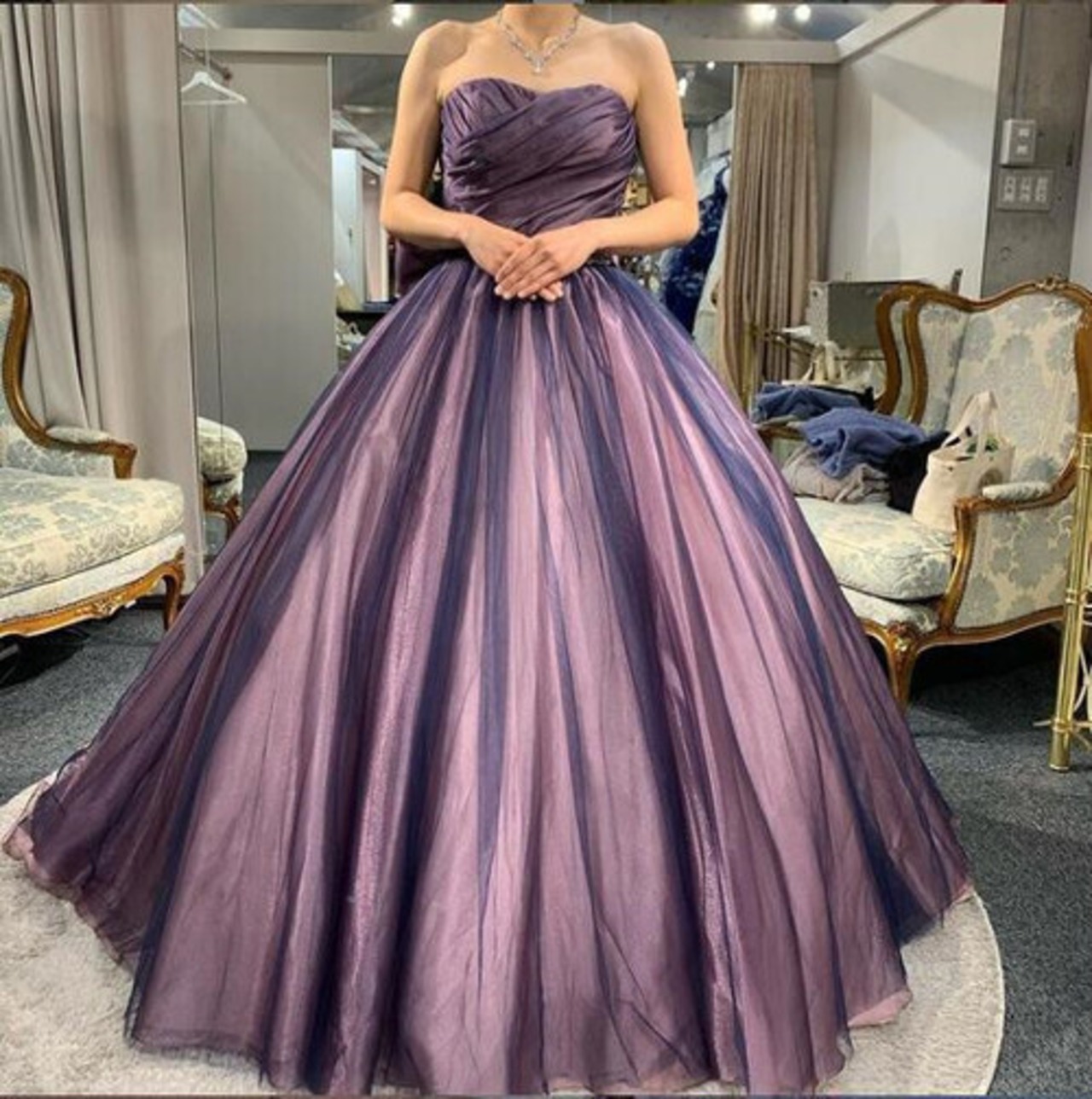 大人気上昇 カラードレス ピンク紫 ベアトップ プリンセスライン  