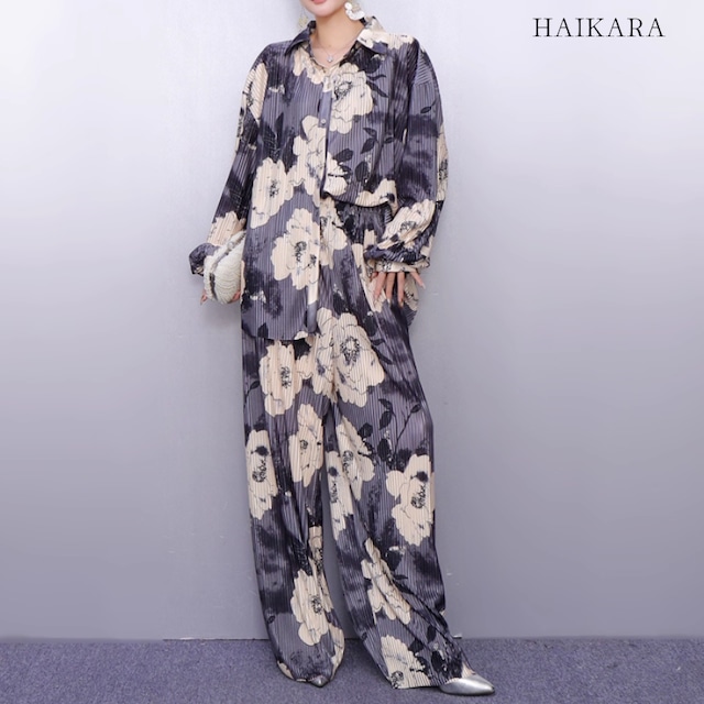 (NEW) Botanical Flower Print Open Collar Shirt and Wide Pants Set