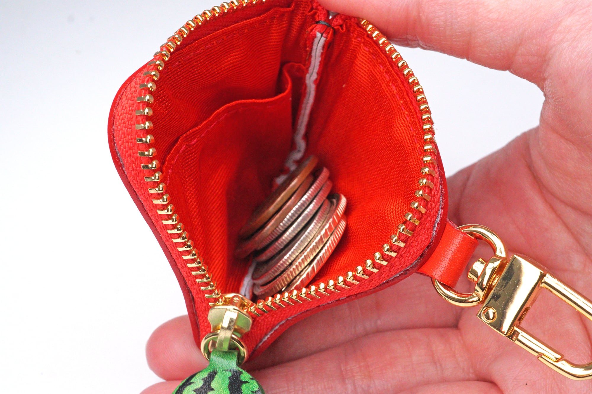 ナスカン付きミニチュアL字ファスナー小銭入れ／カットスイカ（牛革製