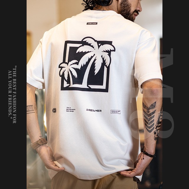 palm tree box back print loose t-shirt 4color M0897