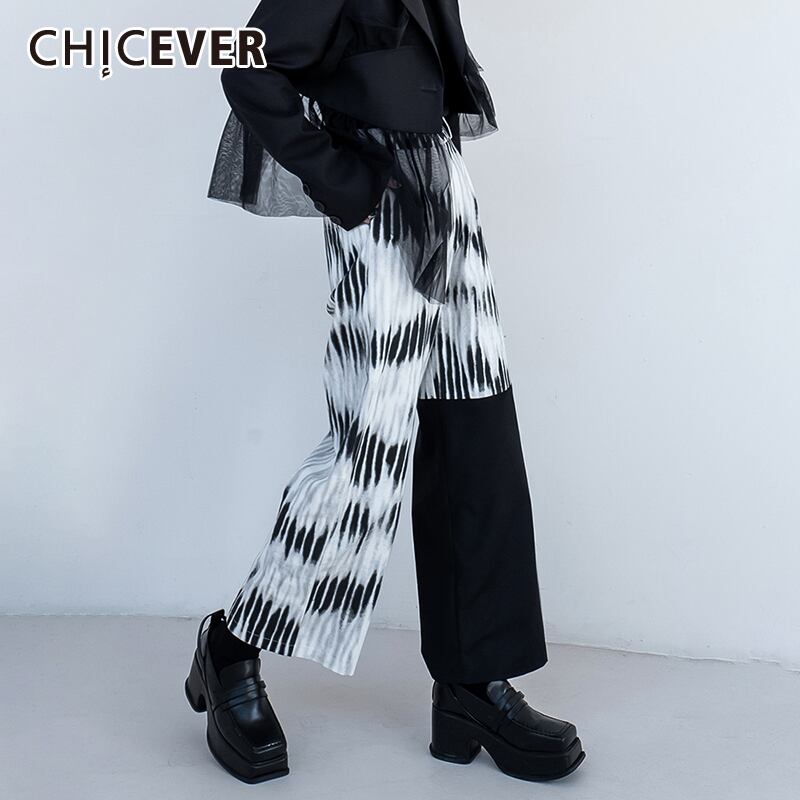 CHICEVERプリントフルレングスパンツレディースウエストルーズパッチワークヒットカラーワイドレッグパンツ2021秋の服 オータム 秋物 ワイドパンツ 6base596376874633