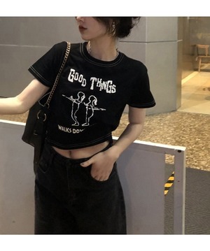 【韓国通販 dgo】サマークロップドプリントTシャツ ブラック(W2617）センス溢れるファッションitem
