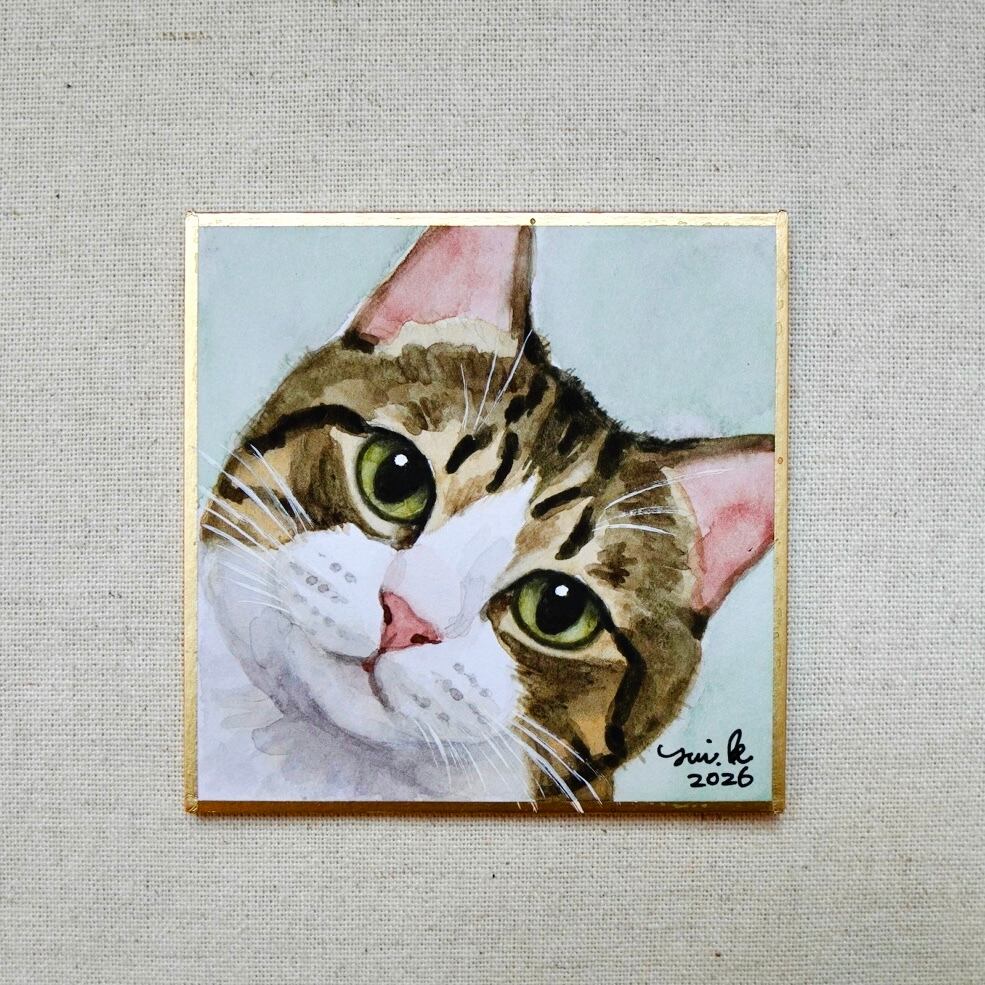猫の絵 428 水彩画 原画 キジ白猫 | Forest cat