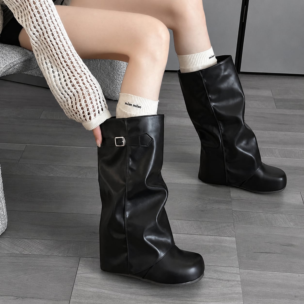 buckle wedge long boots / l0872