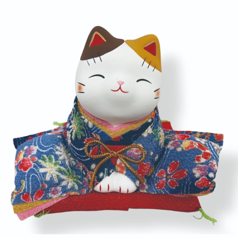 錦彩 ちりめん招き猫 置物 薬師窯 青きもの | 5291ban