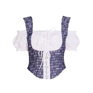 【SOS SEAMSTRESS】Houndstooth denim fake two-piece corset puff sleeve one-shoulder top