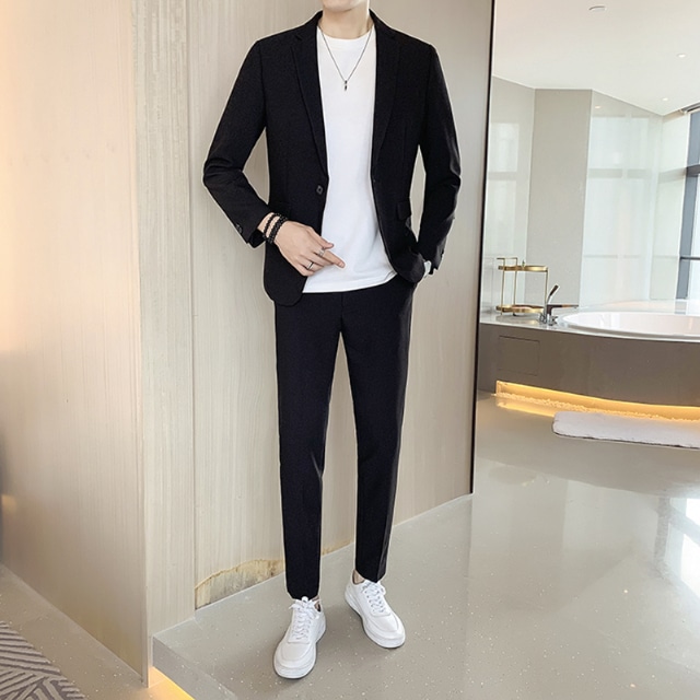 【予約販売】メンズ セットアップ スーツ 無地 シック スリム シンプル 韓国 男前 グレー/ブラック ジャケット パンツ セット セットアップ ビジネス 通勤 フォーマル パーティ 二次会 同窓会 結婚式 韓国 トレンド 春 大きいサイズ S/M/L/XL/2XL/3XL/4XL/5XL/6XL/7XL