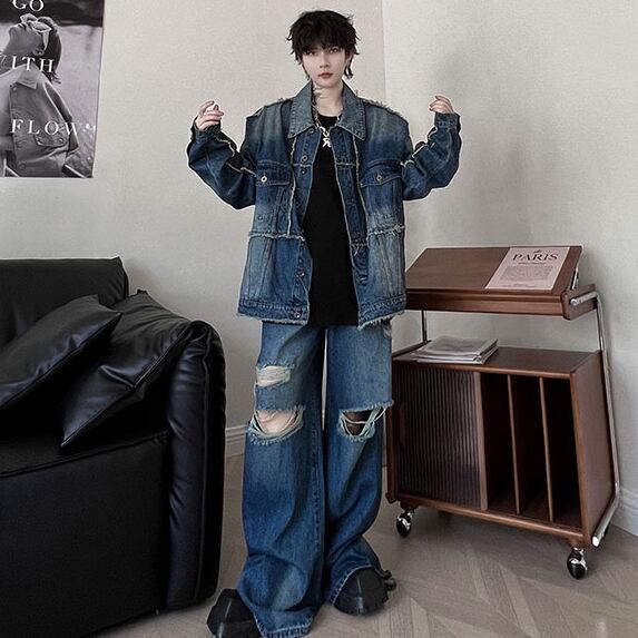 ダメージデニムセットアップ j.n.r.d デニムジャケット gジャン 「軽量・メッシュ」「セットアップ