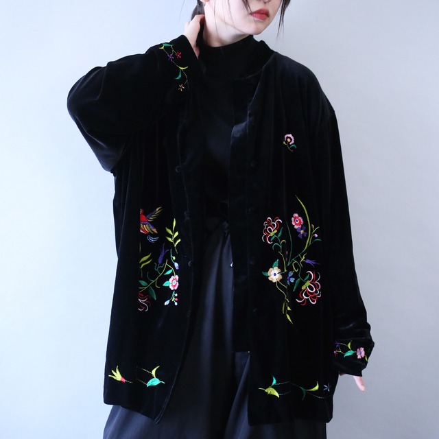 "花×鳥" 刺繍 full pattern over silhouette special velours shirt