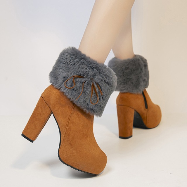 ファーブーツ レディース 送料無料 ブーティー 太ヒール 22.5 23.5 24.5 25.0 ハイヒール 秋冬 331953