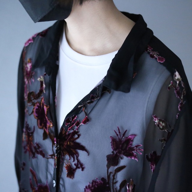 flower velours pattern loose black see-through shirt