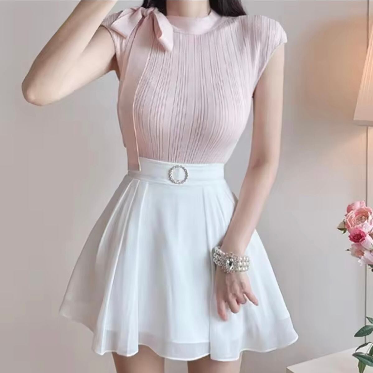 リボンネックデザインキャップスリーブニット