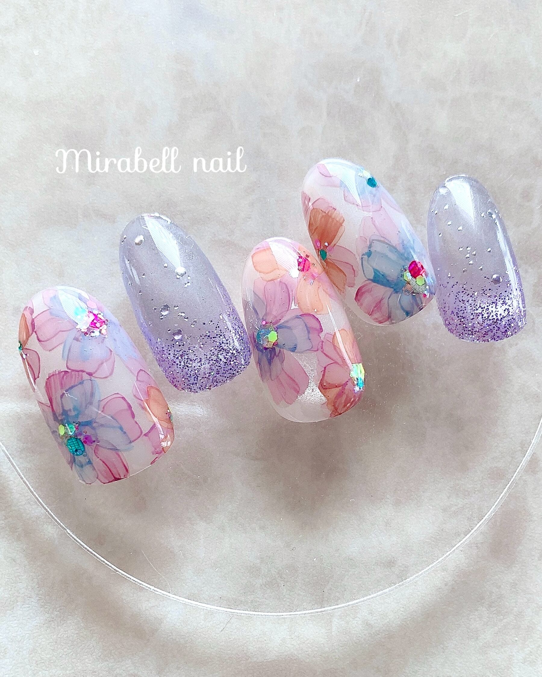 チュール|フラワーネイル|透明感|透け感|シースルー|花|うるきら|バブルネイル|カラフル|パープル|10枚 15枚 ネイルチップ オーダー セット