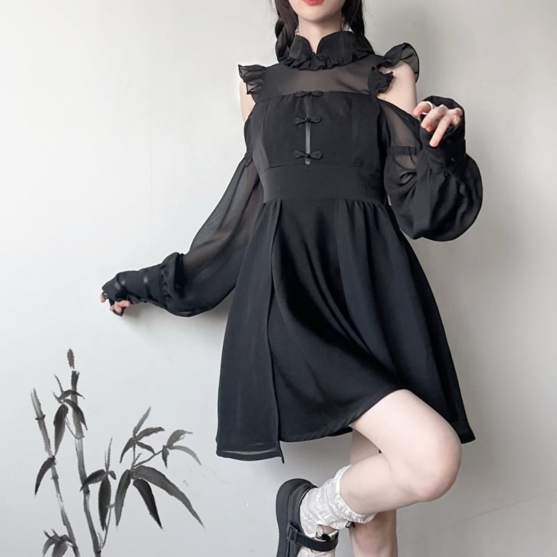 即納 ゴスロリ ワンピース チャイナ風 スタンドカラー シフォン pinksavior