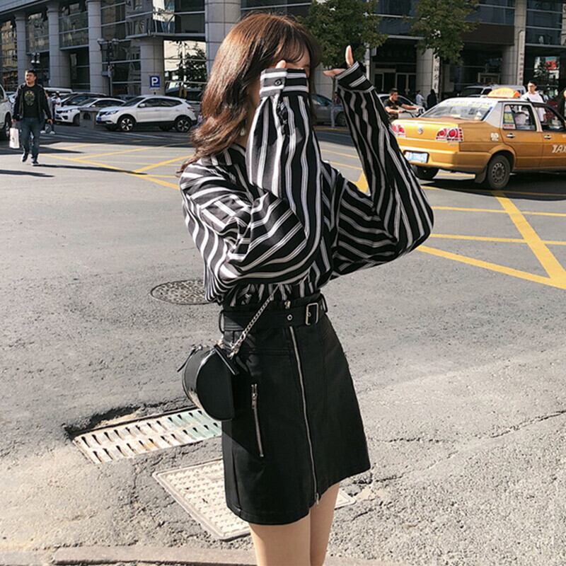 夏の新商品ストライプ長袖シャツ+ PUレザースカートハイウエストスカートツーピースファッションスーツレディース YY-ファッション67342855610
