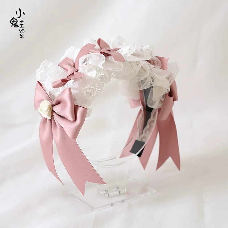 耽美な薔薇と月光を纏うフリルレースとピンクのリボンの甘ロリカチューシャ |WithU
