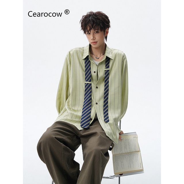 【Cearocowシリーズ】★シャツ★ 4color ネクタイ付き トップス ユニセックス メンズ 大きいサイズ 縦縞 縞模様
